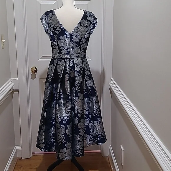 David's Bridal Navy and Silver Floral Fit-and-Flare Dress - Picture 2 of 7